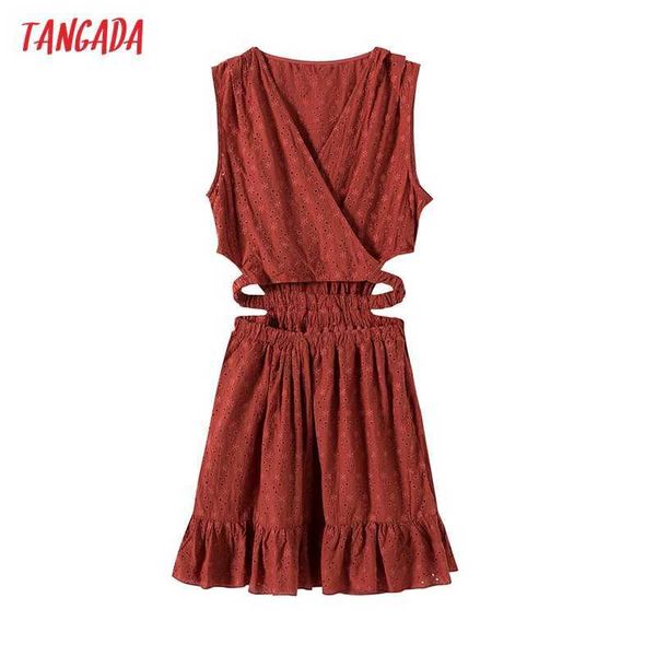 

tangada women embroidery romantic waist hollow cotton dress v neck sleeveless females mini dresses vestidos 6h93 210609, Black;gray