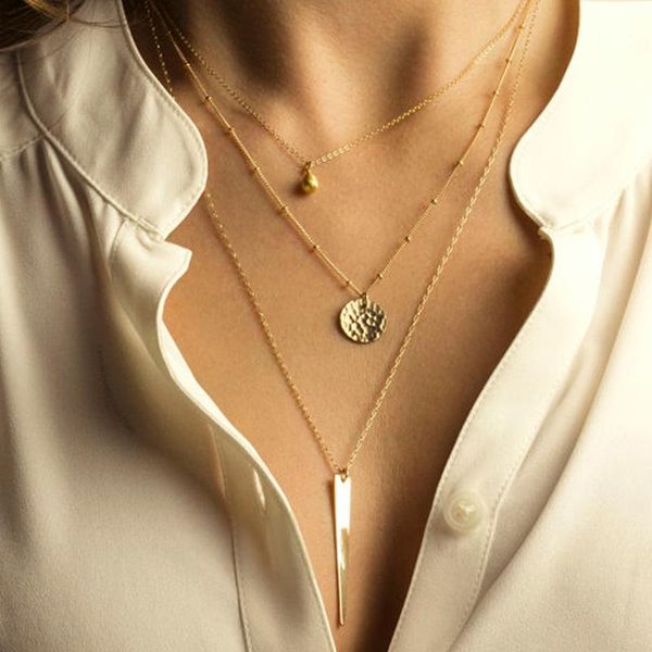 

pendant necklaces simple irregular sequin metal stick long chain necklace women fashion tassel multilayer choker collar jewelry, Silver