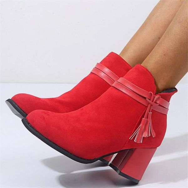 

boots 2021 pointed suede short women tassel riding high heels plus size women's fashion casual shoes, Black