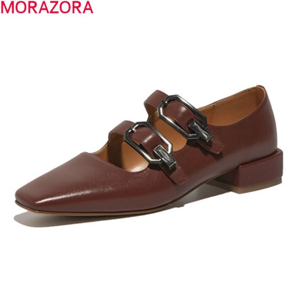 

dress shoes morazora 2021 genuine leather thick heels square toe buckle ladies summer 3 colors women pumps black wine red