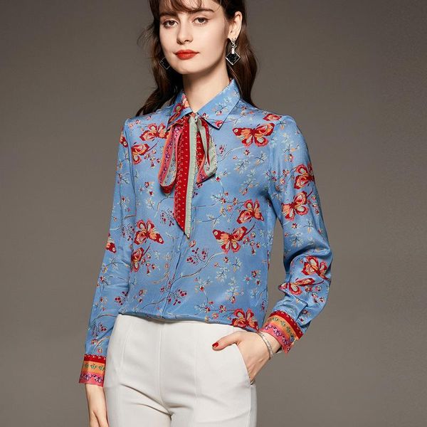 

women's blouses & shirts long-sleeved lapel single-breasted fashion silk printed shirt, White
