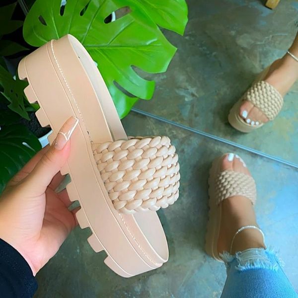 

beige women's sandals summer style fashion pink thick-soled flat woven solid color indoor slippers, Black