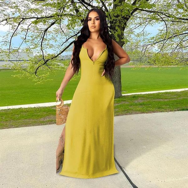 

casual dresses zipper deep v neck women long maxi dress summer sleeveless solid side high split floor length nightclub bodycon xxl, Black;gray