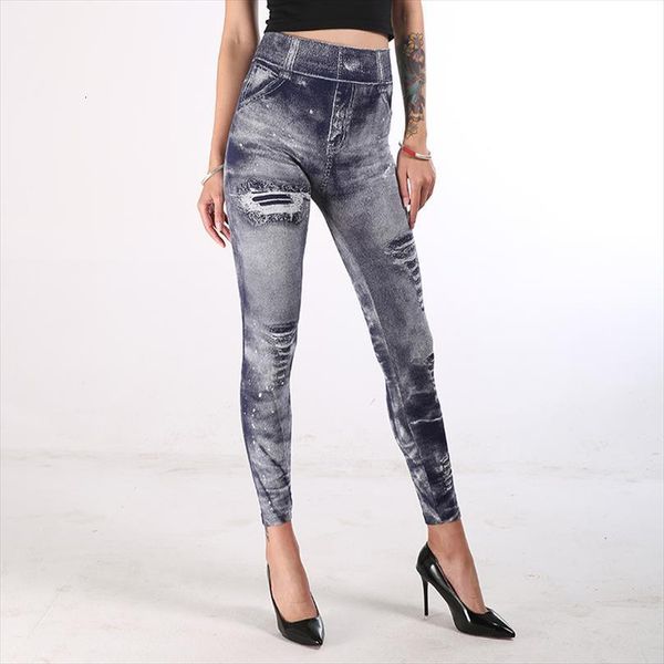 

imitation cowboy printed high waist women legging slim elastic pencil pants plus size 3xl jeans, Black