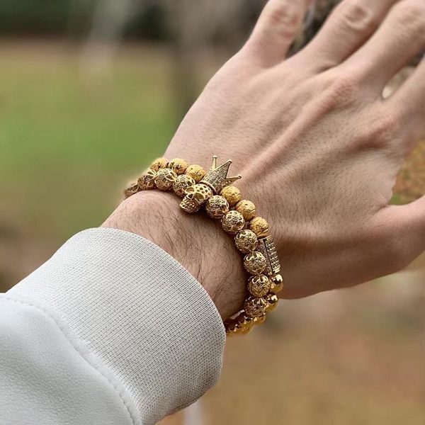 

link, chain men bracelet 2pcs/set charm luxury gold male beads crown cz zircon braided for women bracelets, Black