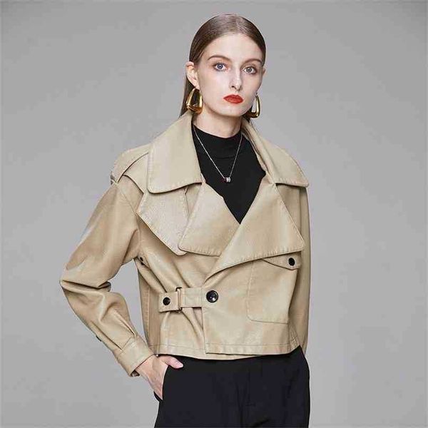 Donne Biker Moto Giacca in pelle Molla Autunno Autunno Manica lunga Big Pocket Stux Faux Coat Signore Ladies Brown Outwear 210525