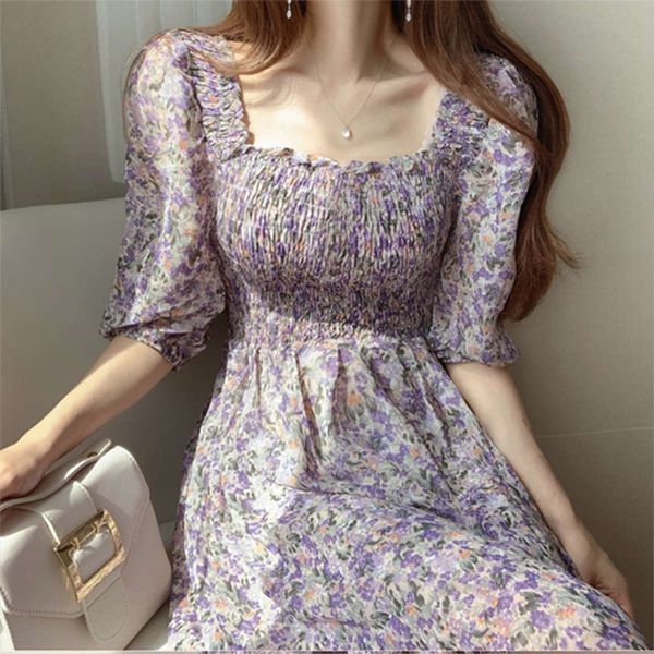 

casual dresses dress women clothessouth korea summer sweet age reduction square neck pleated waist design slim bubble sleeve floral long 1vj, Black;gray