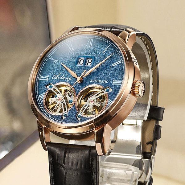 

wristwatches ailang fashion tourbillon men's business mechanical watch rose gold case calendar waterproof leather relogio masculino 882, Slivery;brown