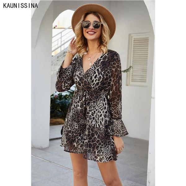 

casual dresses summer women deep v neck mini elastic waist female leopard print party dress stylish streetwear vestido, Black;gray
