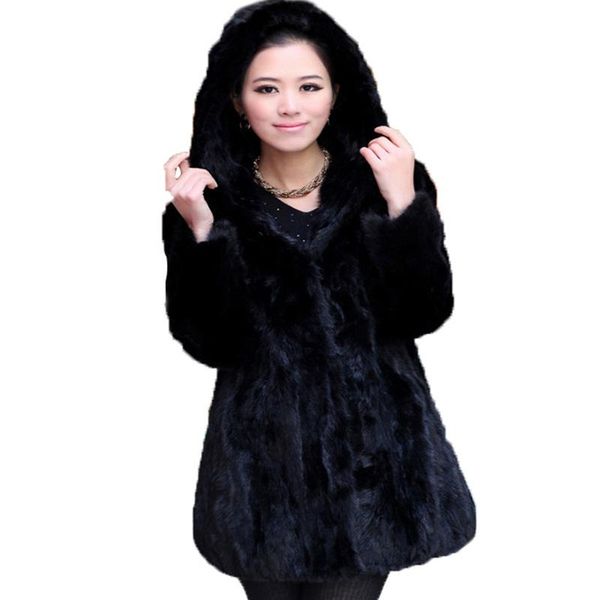 

women's fur & faux winter female coat mink long hooded suede, Black