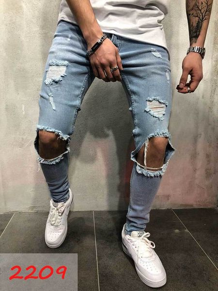 

mens casual denim jeans skim slim knee hole hiphop pant washed high quality, Blue