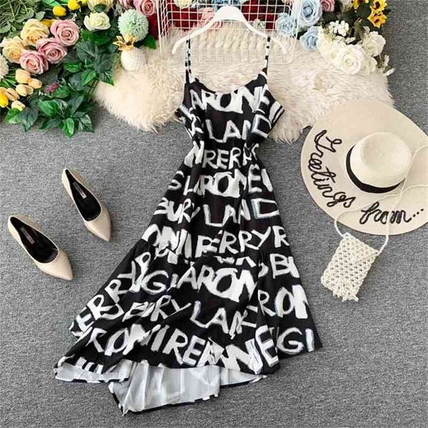 

summer streetwear dress women loose a-line spaghetti fashion letter pattern ladies vintage irregular hem long robe 210525, Black;gray