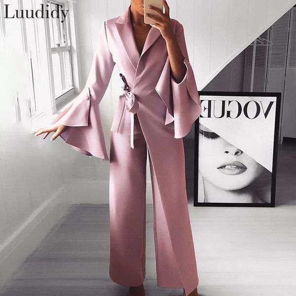 

women elegant workwear flare sleeve wide leg pants long jumpsuit, Black;white