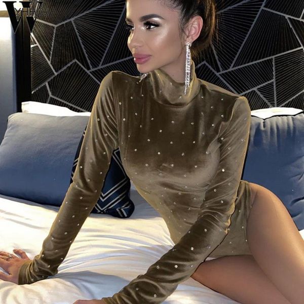 

women's jumpsuits & rompers wyhhcj 2021 stamping velvet long sleeve sequins high neck bodysuit spring women fashion streetwear outfits, Black;white
