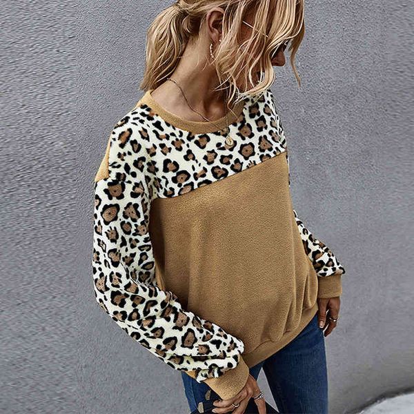

winter fleece hoodies women autumn leopard print stitching o neck long sleeve warm pullover vintage ladies plush sweatshirt 210412, Black