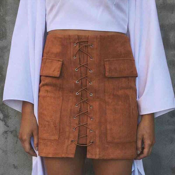 

leather skirt autumn lace up leather suede pencil skirt vintage pocket preppy short winter high waist casual skirts, Black