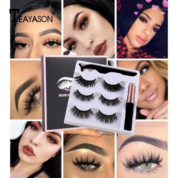 

three pairs of 3d magnetic thick long false eyelashes set with magnet eyeliner eyelash tweezers eye lash glue makeup tools kit1