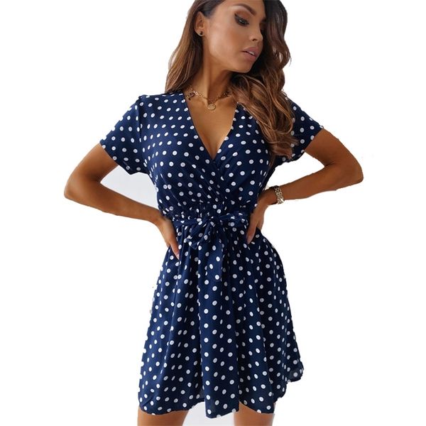 

fashion women's dress summer wave point v-neck short-sleeved slim women clothing 210520, Black;gray