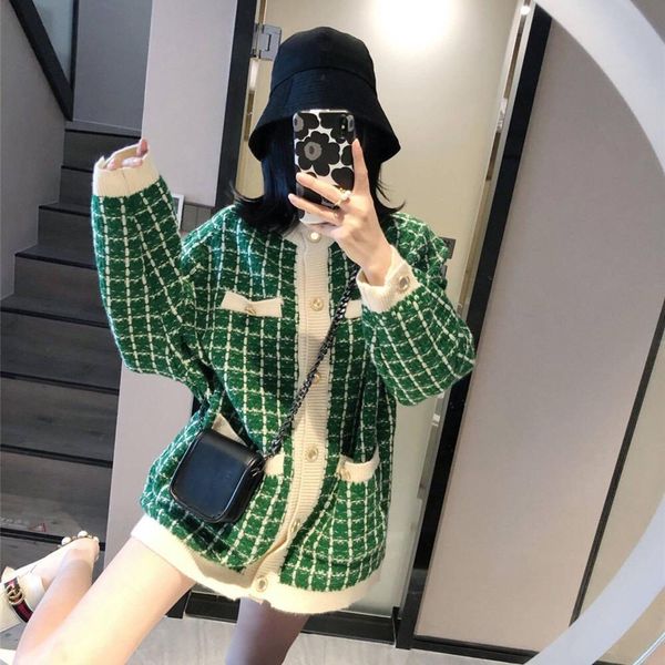

women's knits & tees sweater jacket women loose autumn and winter new style korean mid-length houndstooth knitted cardigan f7y, White