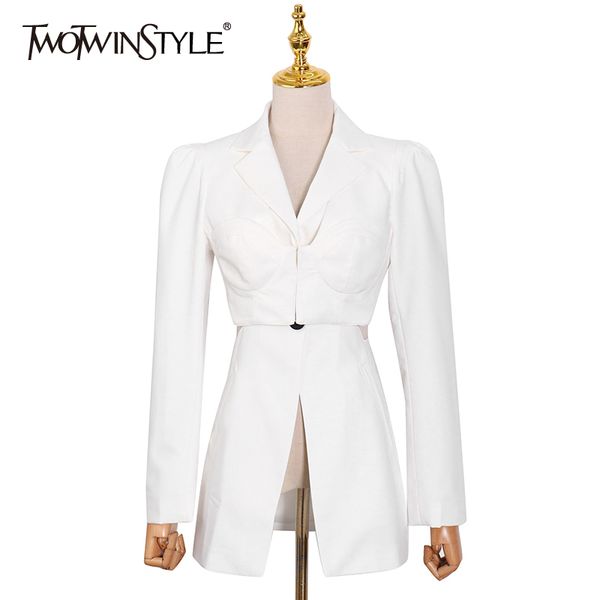 

white patchwork elegant blazer for women notched long sleeve single button tunic blazers female clothing style 210524, White;black