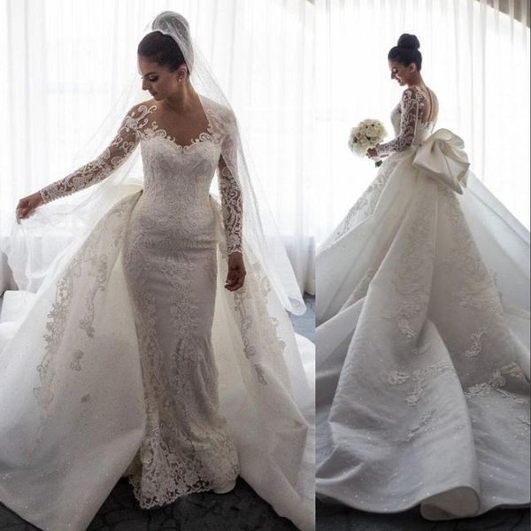 2021 Vestidos de casamento de sereia de luxo puro pescoço formal vestidos de noiva longas mangas longas ilusão de renda completa Appliques tule overskes com trem destacável mais tamanho