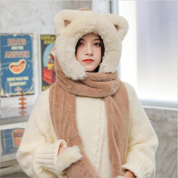 

hats, scarves & gloves sets 3 in1 scarf solid patckwork ears cute cartoon hat kawaii funny birthday gift plush cap winter for gi, Blue;gray