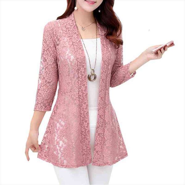 

lace cardigan women thin three quarter sleeve hollow out open cardigans female sunscreen clothes flowers lace blouse shirts, White