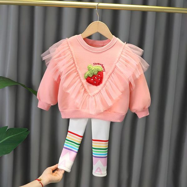 

clothing sets autumn winter baby girls strawberry princess plus fleece pants 2pcs infant suits toddler girl outfit, White