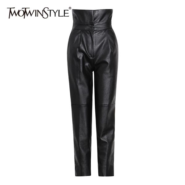 Twotwinstyle cintura alta pu calças de couro para mulheres preto maciço minimalista harem calça feminino moda roupas outono 210517