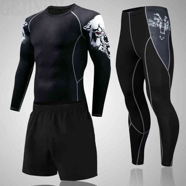 2022 New Sport Suit Uomo T-shirt manica lunga Pantaloni MMA Compression Running Set Uomo Bodybuilding Rashguard Palestra Fitness Tute Y1221