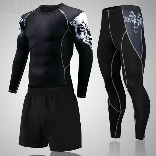 2022 novo esporte terno homens luva longa camisetas calças mma compressão conjunto de corrida masculino fisherbuilding rashguard ginásio fitness tracksuits y1221