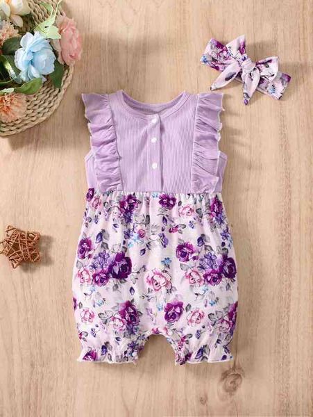 

baby floral print ruffle trim half button romper with headband she, Blue