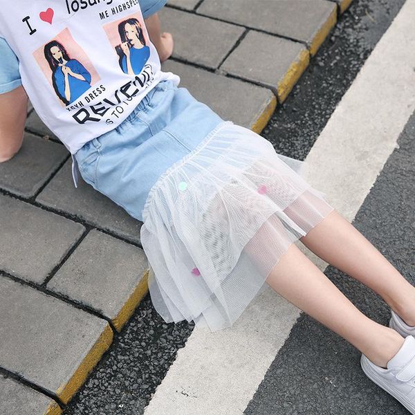 

skirts 4-9t korean style fashion blue denim splicing lace for big girls white tulle teenage kids children clothes