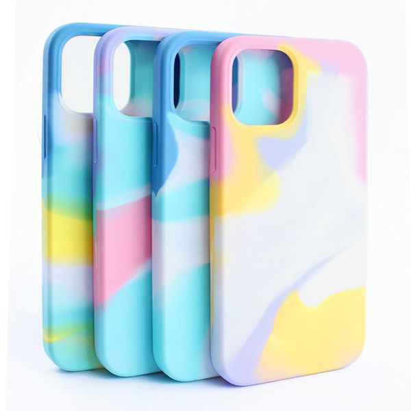 

gradient rainbow watercolor liquid silicone cases drop protection protective phone case cover for iphone 13 12 mini 11 pro max xr xs x 8 7 p