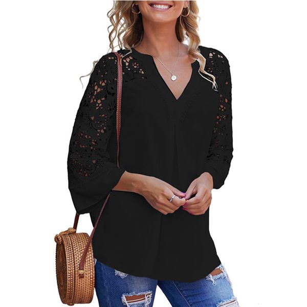 

lace stitching split neck pink blouse, White