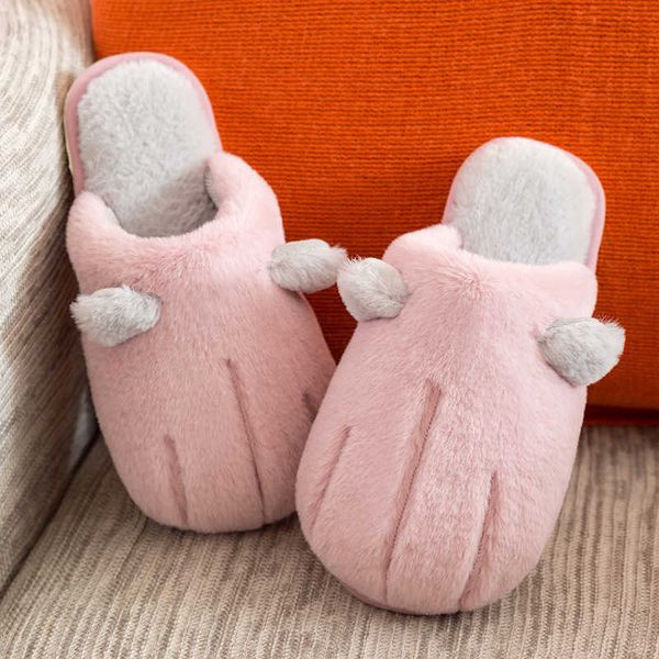 

winter home cotton shoes women slippers cute cartoon cat paw ladies furry slides plus velvet warm soft sole female slippers h0827, Black