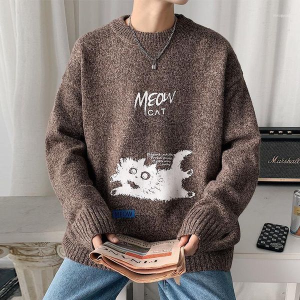 

men's sweaters autumn and winter thick sweater oversize all-match student printed animal slim o-neck cat pattern pullover1, White;black