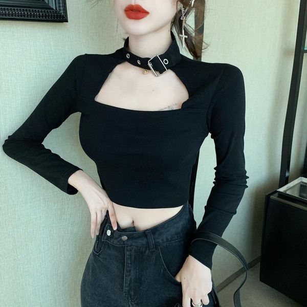 

women's t-shirt womengaga autumn korean long sleeve halter black open navel slim buckle bottomed for women a3t5, White
