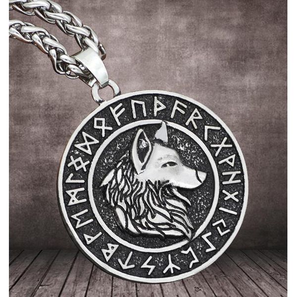 

pendant necklaces round vintage nordic-viking pirate necklace for men odin-mount celtic wolf punk male accessories, Silver