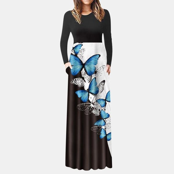 

casual dresses maxi for women long sleeve print ruffle cocktail beach dress with pocket vestidos de mujer fall 2021, Black;gray