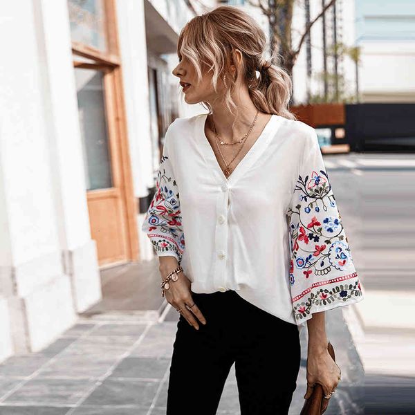 

early autumn explosion models cotton linen 3/4 v-neck shirt, White