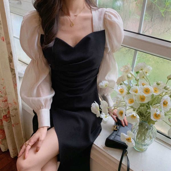 

casual dresses spring french elegant midi women square collor er sleeve vintage female sweet party korean 6j97, Black;gray