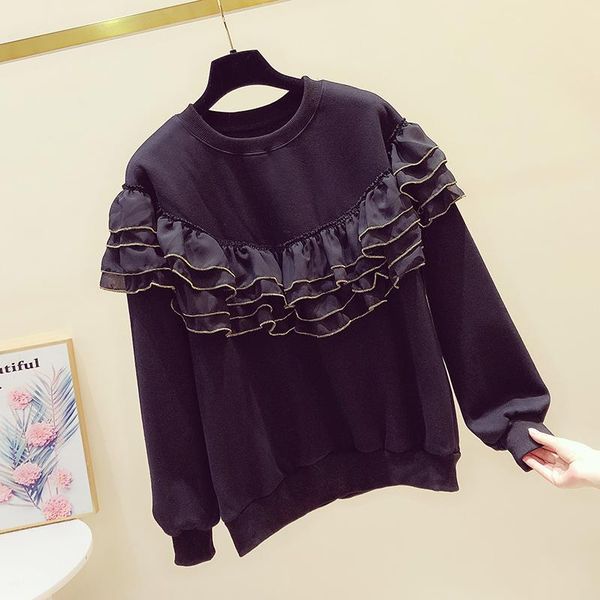 

women's hoodies & sweatshirts hoodie women korean winter temperament flounced stitching round neck long sleeve pullover sweatshirt casu, Black