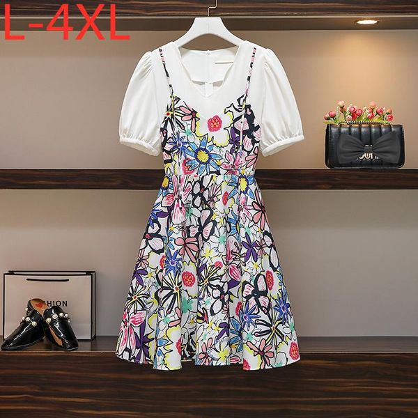 

plus size dresses 2021 summer women large short sleeves v-neck floral printed patchwork a line dress ladies l xl 2xl 3xl 4xl, Black
