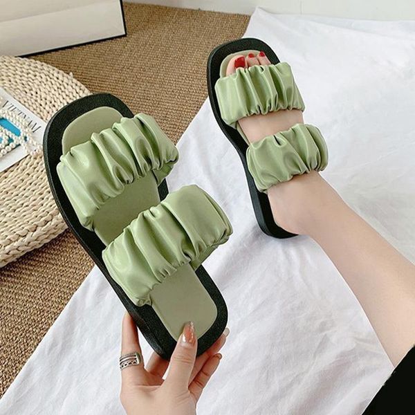 

women slippers summer pu leather platform slides female pleated shoes ladies casual shoe women's comfort beach footwear, Black