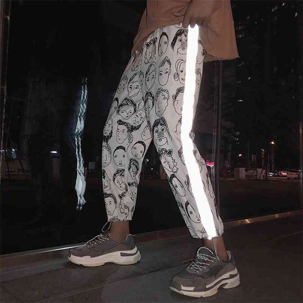 

houzhou reflective harem gothic pants women hip hop streetwear ankle length trousers plus size mid loose pencil pantalon female 210925, Black;white