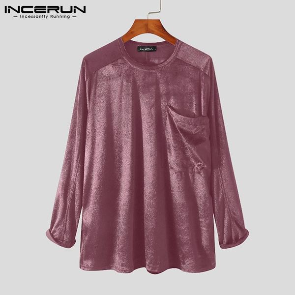 

men's t-shirts incerun 2021 men solid color t shirt velour round neck long sleeve pockets casual tee streetwear camisetas hombre s-5xl, White;black