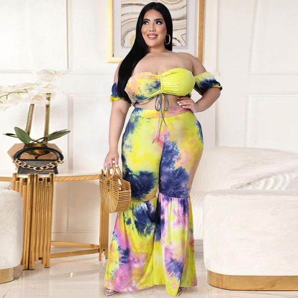 

plus size tracksuits xl-5xl tie dyeing print women's tracksuit off the shoulder crop and flare bell bottom pant vintage club outfits, Black