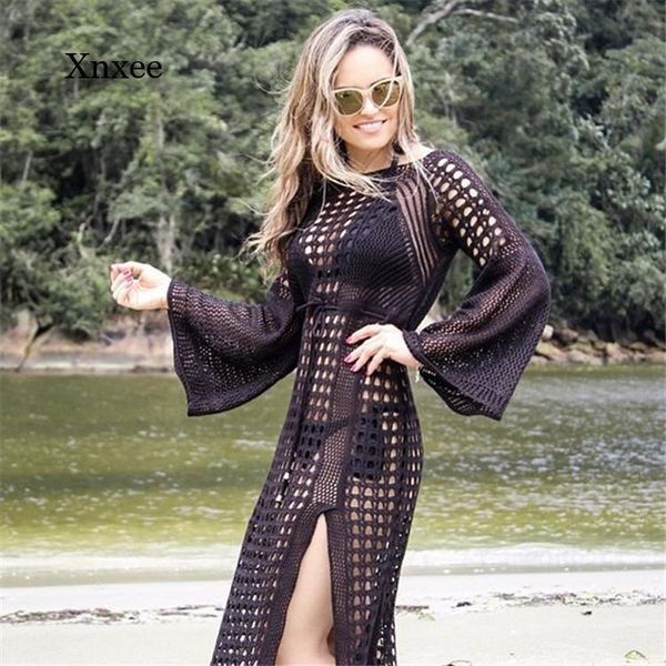 

women's swimwear summer beachwear women o neck long loose sleeve black white knitted crochet bikini cover up beach dress tunic robe, White;black
