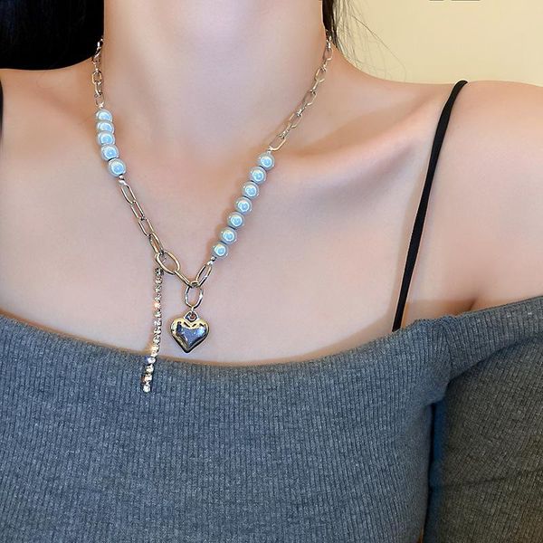 

pendant necklaces minar personality asymmetric reflective pearl necklace for women metallic love heart rhinestones chokers gifts, Silver